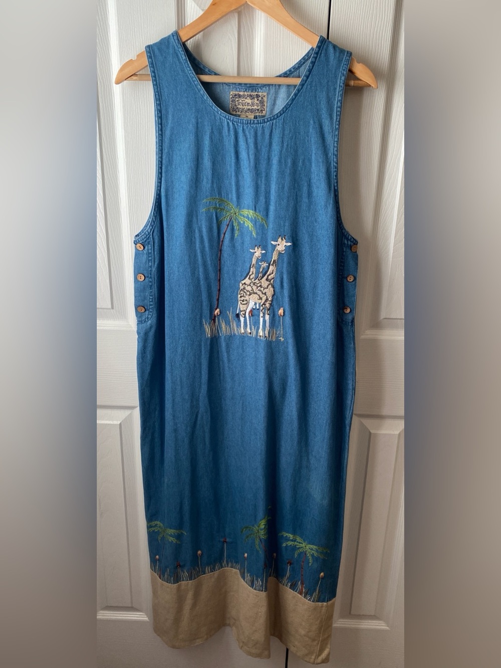 VINTAGE 1990’s Tantrum Blues Embroidered Giraffe Denim Jumper Modest Maxi Dress